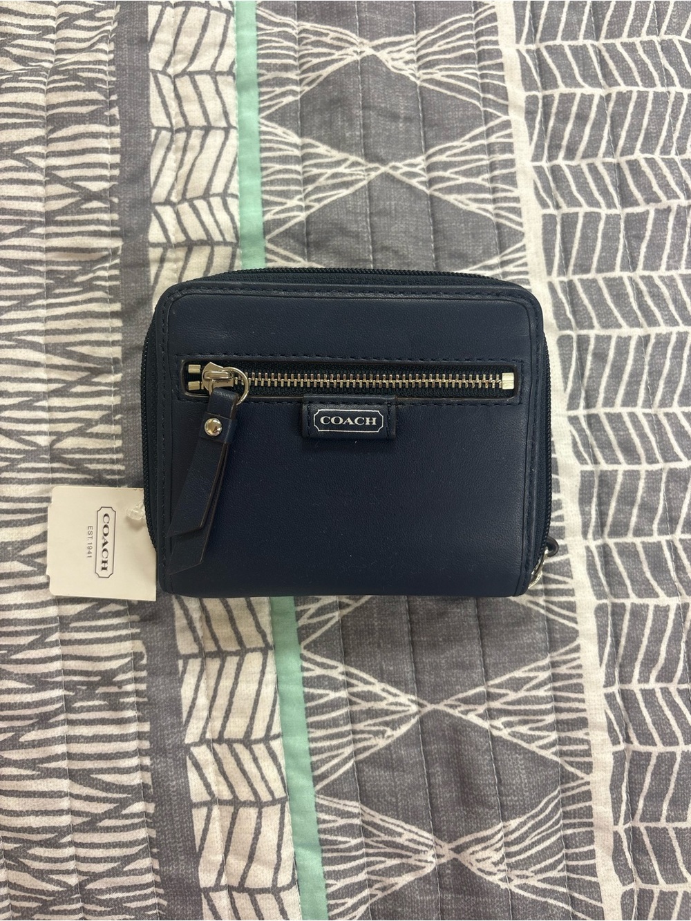 Coach Midnight Navy Leather Zip Card Wallet with Gold-Tone Zip